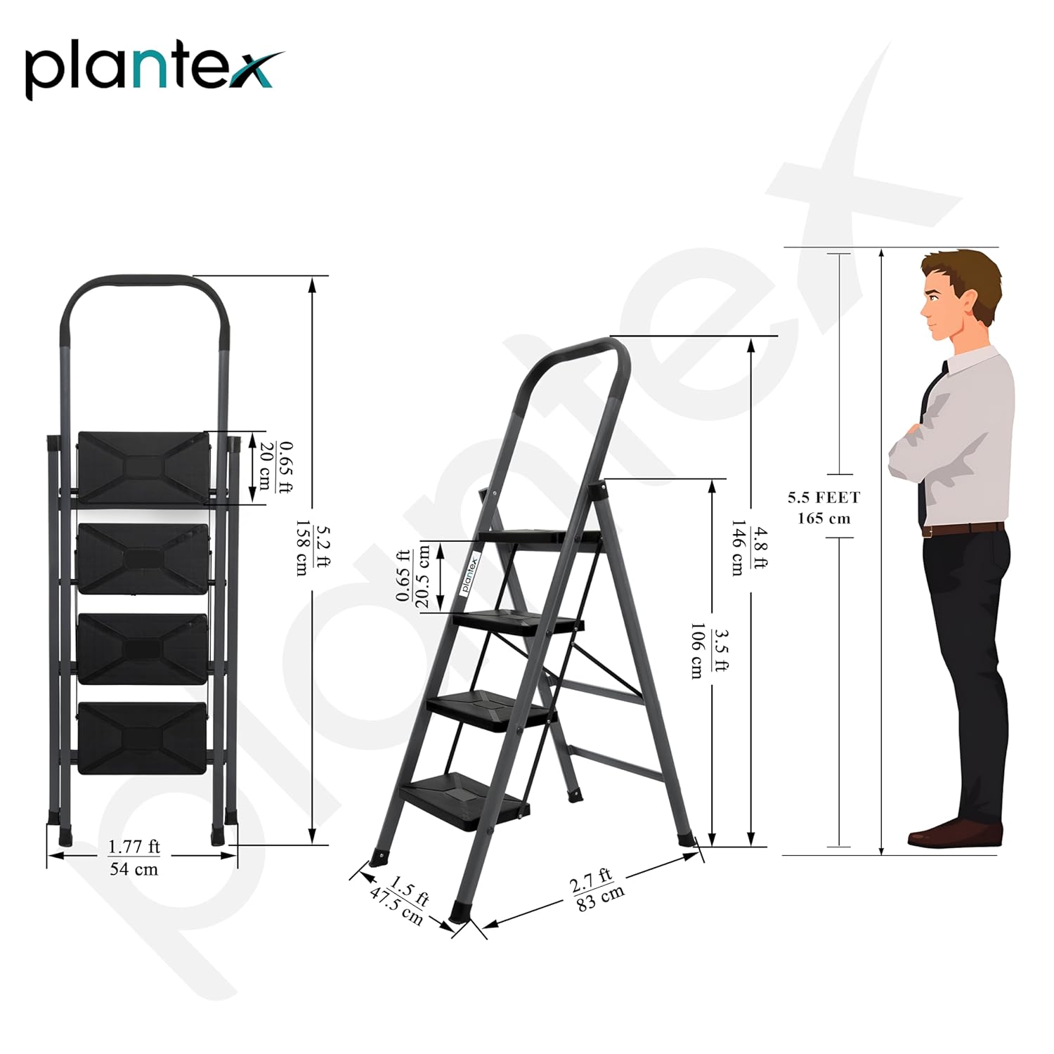 Plantex GI Steel 4-Step Ladder for Home/Easy to fold/Anti-Skid Wide Steps Ladder - (Aura, Black & Grey)