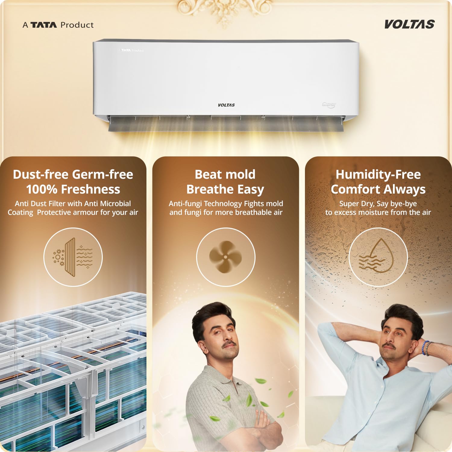 Voltas 1.5 ton 5 Star, New star rated, Inverter Split AC (Copper, Convertible 6-in-1 Cooling Modes, Auto Clean, Sleep Mode with Hidden Display, Memory Restart (185INV VENUS LUXE, White)