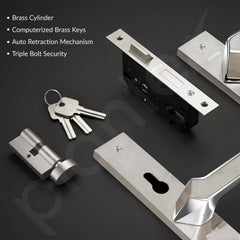 Plantex Heavy-Duty Door Lock/Door Handle Set with 3 Years of Warranty/Mortise Lock with 3 Keys, Brass Lockbody & Cylinder (8133 - Satin Steel & Chrome)-3