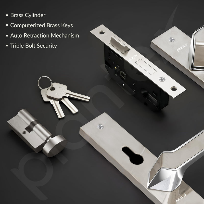 Plantex Heavy-Duty Door Lock/Door Handle Set with 3 Years of Warranty/Mortise Lock with 3 Keys, Brass Lockbody & Cylinder (8133 - Satin Steel & Chrome)-3