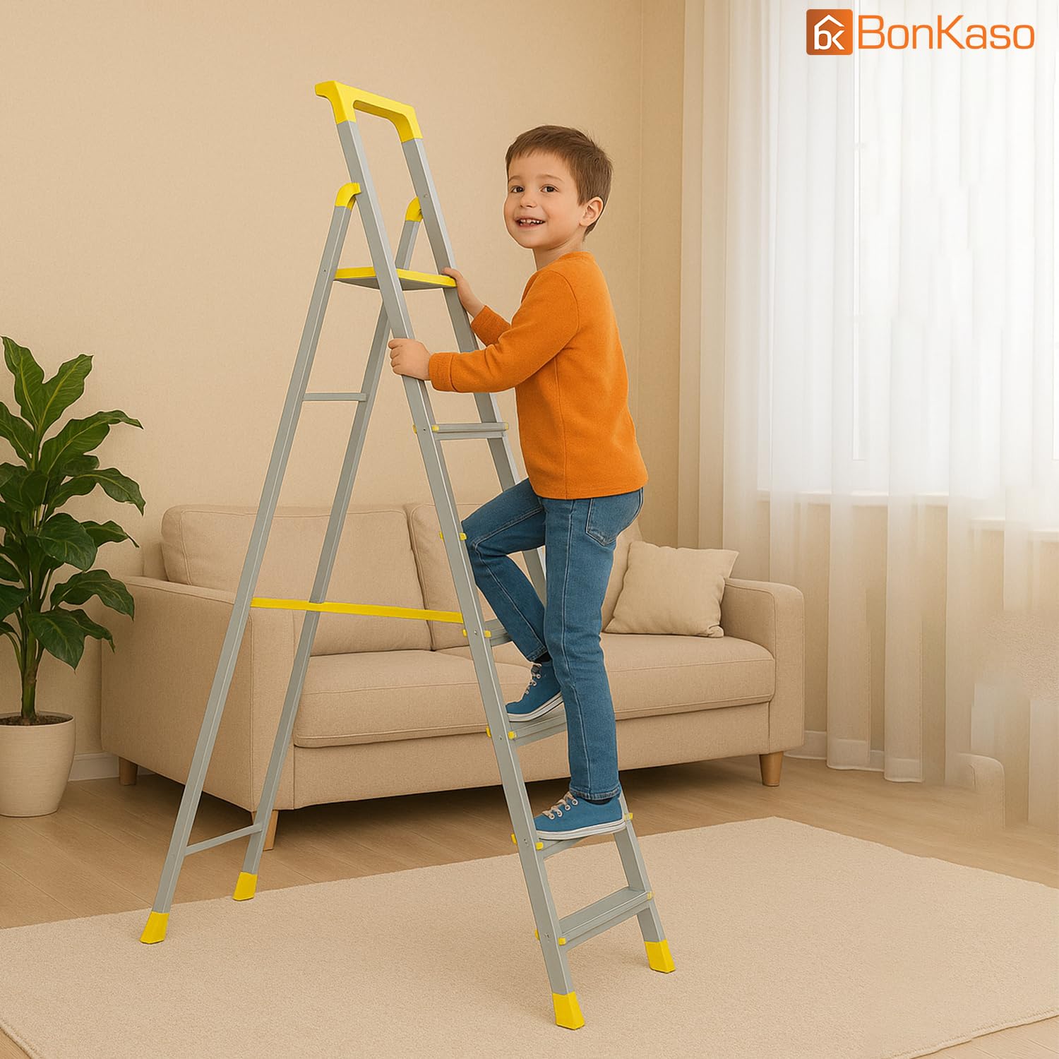 Bonkaso Climb Lite Pro+ 7 Step - Aluminium Foldable Ladder with Tool Tray (130W x 209H Cm) | Heavy-Duty, Anti-Slip & Firm Grip for Home, Indoor & Outdoor Use | Durable & Portable (Yellow & Satin)