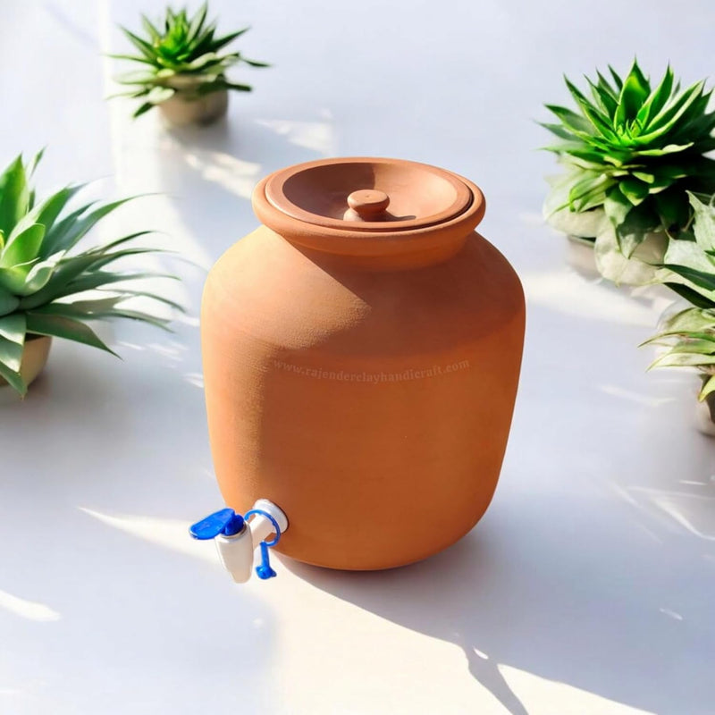 Handmade Clay Water Jug 5 Liter with Tap & Down Dhakkan – Natural Earthen Pot for Cool & Fresh Drinking Water – Eco Friendly Mitti Matka, Traditional Design by Rajender Clay Handicraft