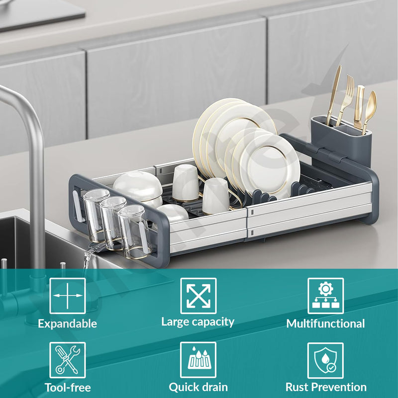 Plantex Kitchen Storage Rack/Aluminium Fold Flat Dish Drying Rack/Household Kitchen Bowls and Plates Organizers/Utensil Storage Holder - (Silver & Grey)-2