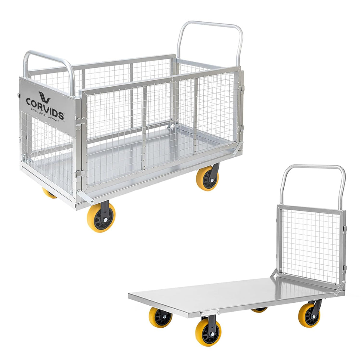 Corvids 200 Kg Heavy-Duty Mild Steel Cage Platform Trolley | 2-Year Warranty | 6-Inch TPR Wheels, Dual Handles | Industrial Material Handling Cart for Warehouse, Factory, Store, Hotel & Home