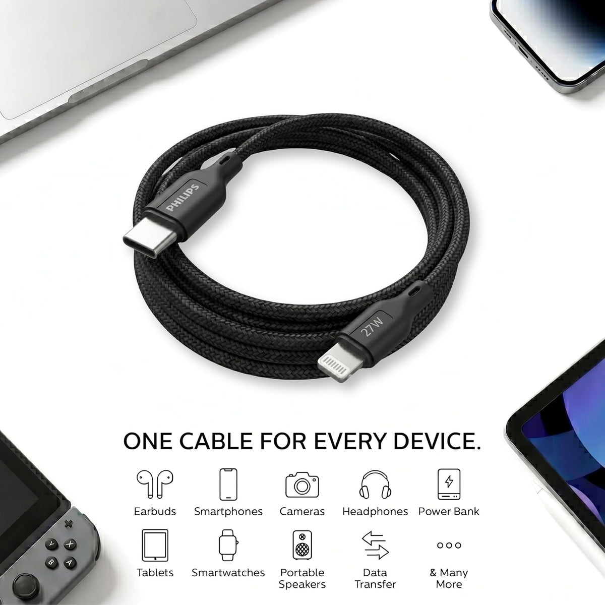 Philips DLC4150LB/94 27W iPhone Original Type-C to Lightning Fast Charging Cable (1.5m, Dark Slate)