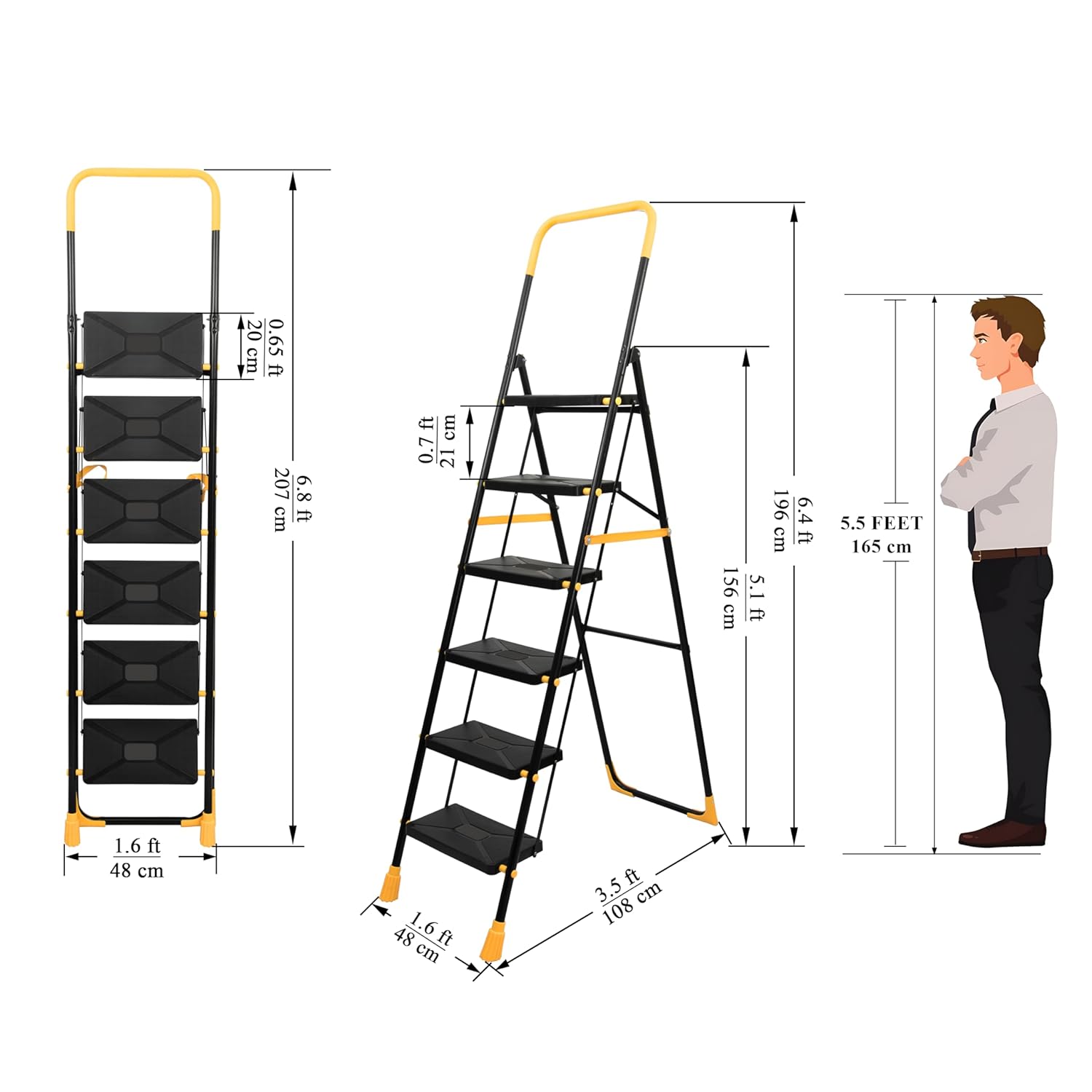 Plantex Premium Steel 6 Step Foldable Ladder for Home use/Heavy Duty Ladder for Home with Anti Slip Steps and PVC Shoes/Portable ladders with Knee Guard Protection (Yellow & Black)