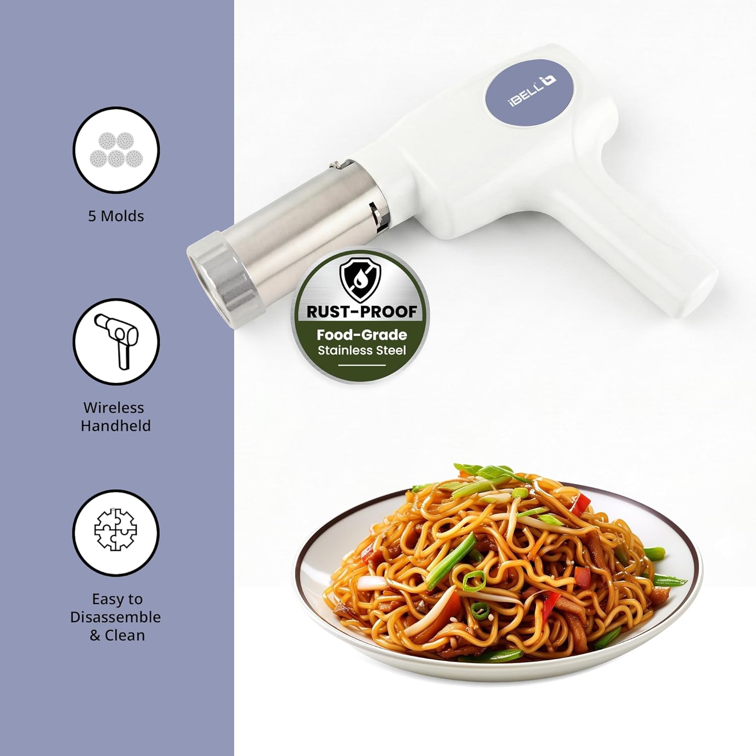 IBELL Electric Idiyappam Maker, Pasta & Noodle Maker with 5 Molds, 50Watts Power, 50 Times for Full Charge, Cordless with Rechargeable Battery(White)