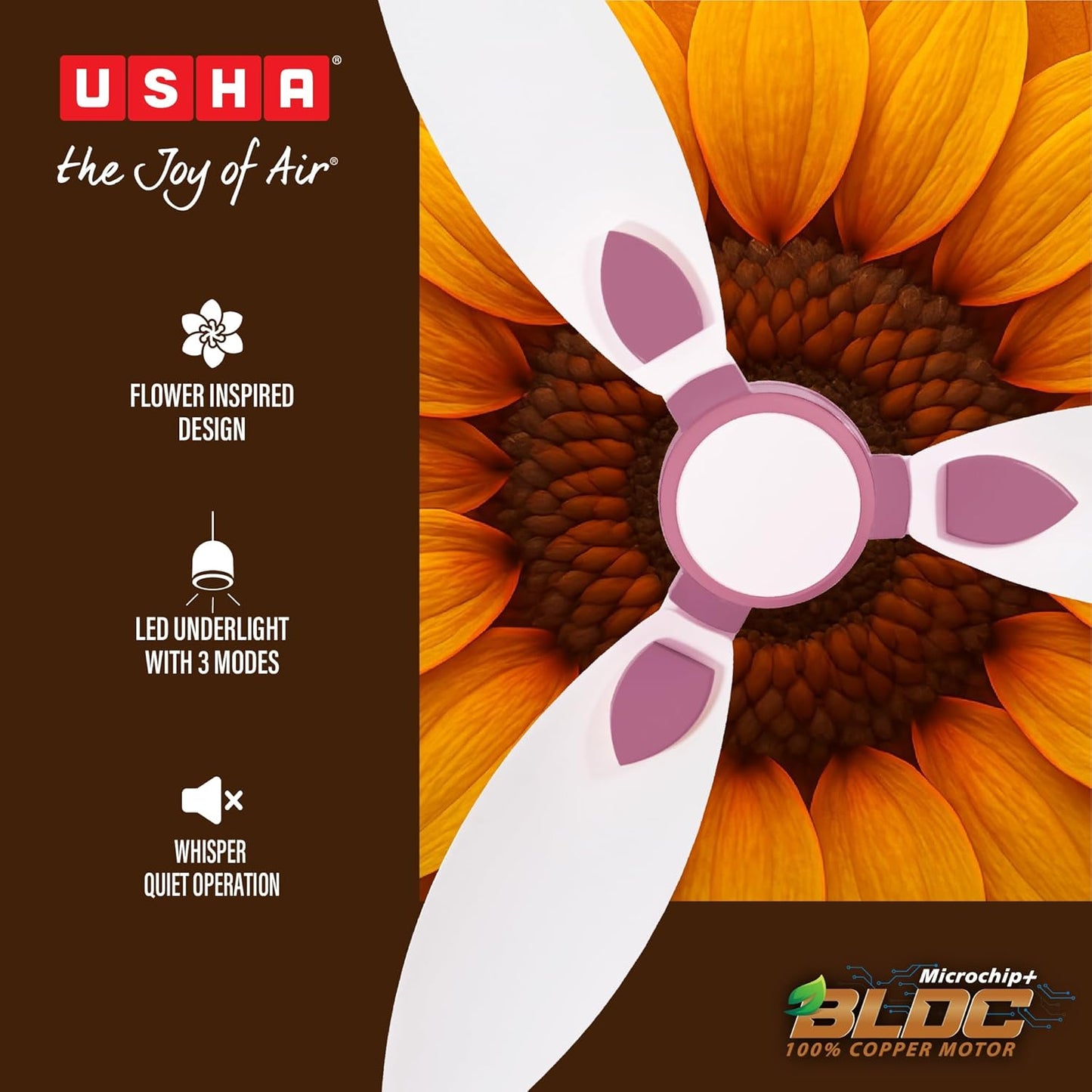 USHA New Bloom Series Sunspire Glow (Inspired by Sunflower) BLDC Ceiling Fan with Underlight with 3 Modes | RF Remote | Whisper-Quiet | Dust-Resistant (White & Light Pink)