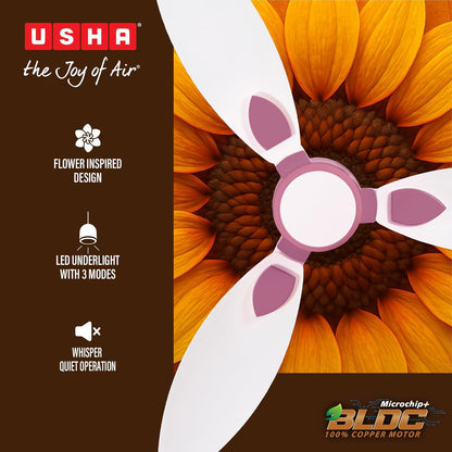 USHA New Bloom Series Sunspire Glow (Inspired by Sunflower) BLDC Ceiling Fan with Underlight with 3 Modes | RF Remote | Whisper-Quiet | Dust-Resistant (White & Light Pink)