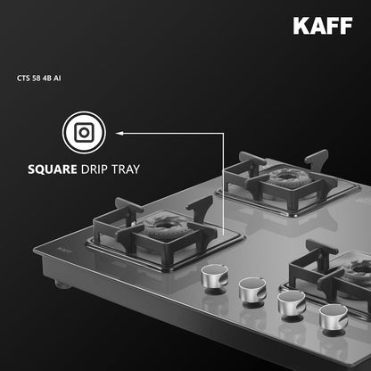 KAFF Gas Stove/Cooktop 4 Burners with Auto Electric Ignition 58 CM, Black Coated Brass Burners, Slim Line Design, Enamelled Pan Support with Integrated Flame Protector (Black) | CTS584BAI |