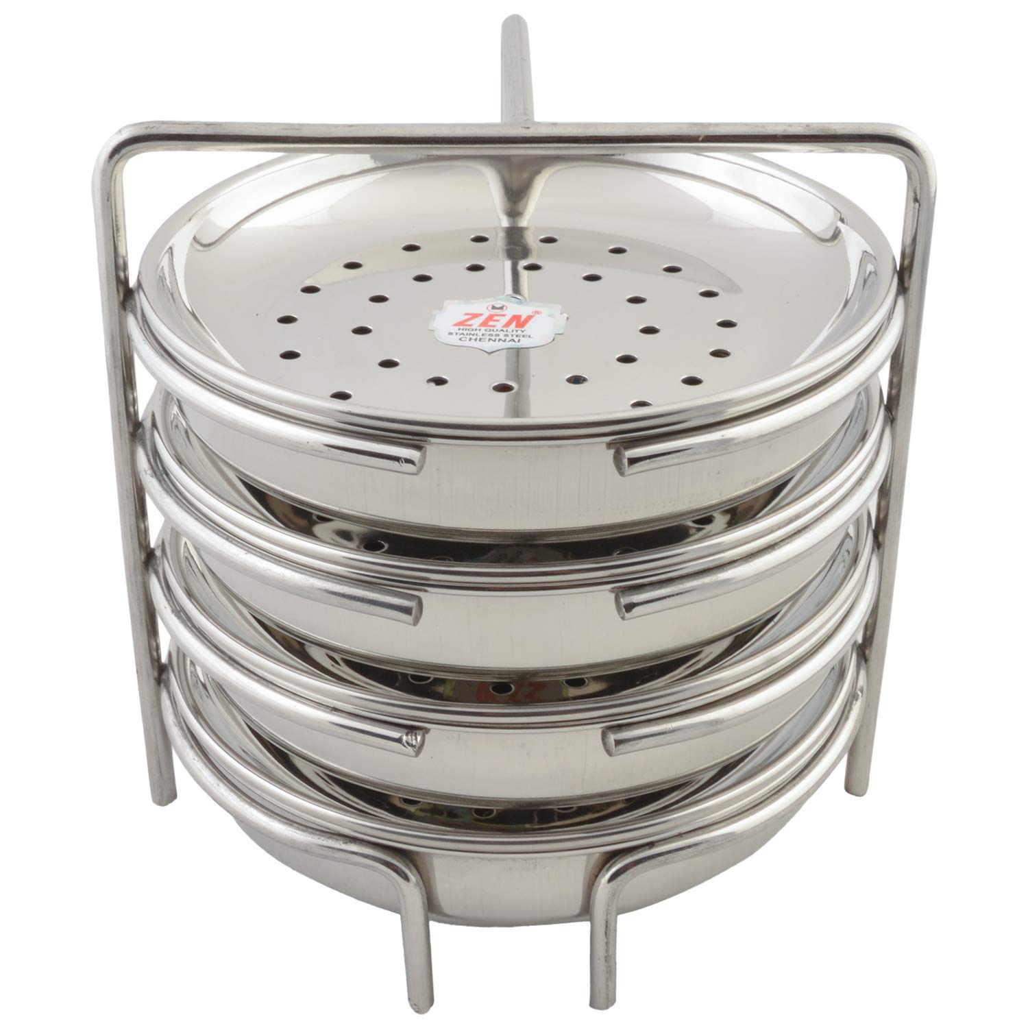 JAIN Stainless Steel 2in1 Thatte Idly Stand | Dhokla Maker & Idiappam Stand - 8 Plates Thatte Idli Plate & Momos Steamer Stand (4 Thattu Idly Plates, 4 Idiappam Plates, 1 Stand) - Silver