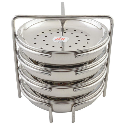 JAIN Stainless Steel 2in1 Thatte Idly Stand | Dhokla Maker & Idiappam Stand - 8 Plates Thatte Idli Plate & Momos Steamer Stand (4 Thattu Idly Plates, 4 Idiappam Plates, 1 Stand) - Silver