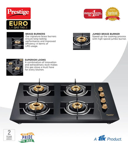 Prestige Euro Glass Top Gas Stove with Toughened Glass Top, Powder Coated Body, 4 Burners, Manual, Black, Brass
