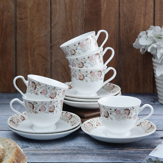 Clay Craft New Georgian Series Fine Ceramic Cup&Saucer Set of 12 (6 Cups+6 Saucers) Red&White Floral Design-Gift to Your Loved Ones On Any Occassions.,Medium (Cc-Cs12-Newgeorgian-S398) 180 Milliliter