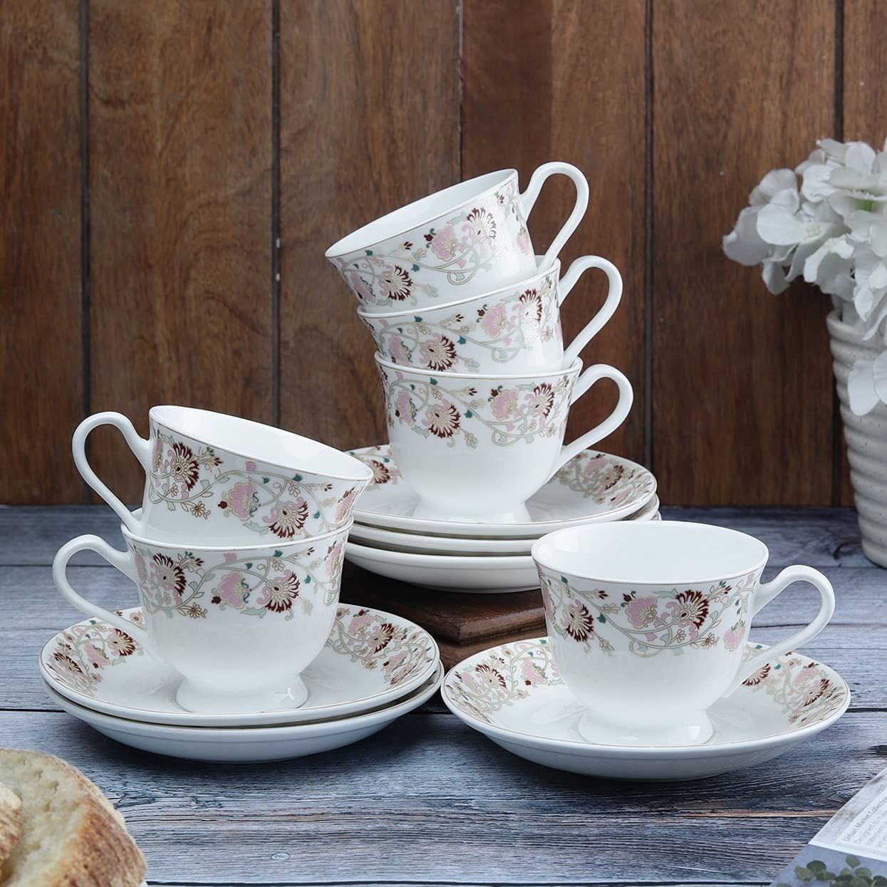 Clay Craft Fine Ceramic Cup&Saucer Set of 12 (6 Tea Cups+6 Saucers) White Pink Floral Can Be Used for Birthdays,Anniversaries,Parties,Mother,Father,Sister,Medium (Cc-Cs12-Cream-S341),180 Milliliter