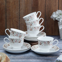 Clay Craft Fine Ceramic Cup&Saucer Set of 12 (6 Tea Cups+6 Saucers) White Pink Floral Can Be Used for Birthdays,Anniversaries,Parties,Mother,Father,Sister,Medium (Cc-Cs12-Cream-S341),180 Milliliter