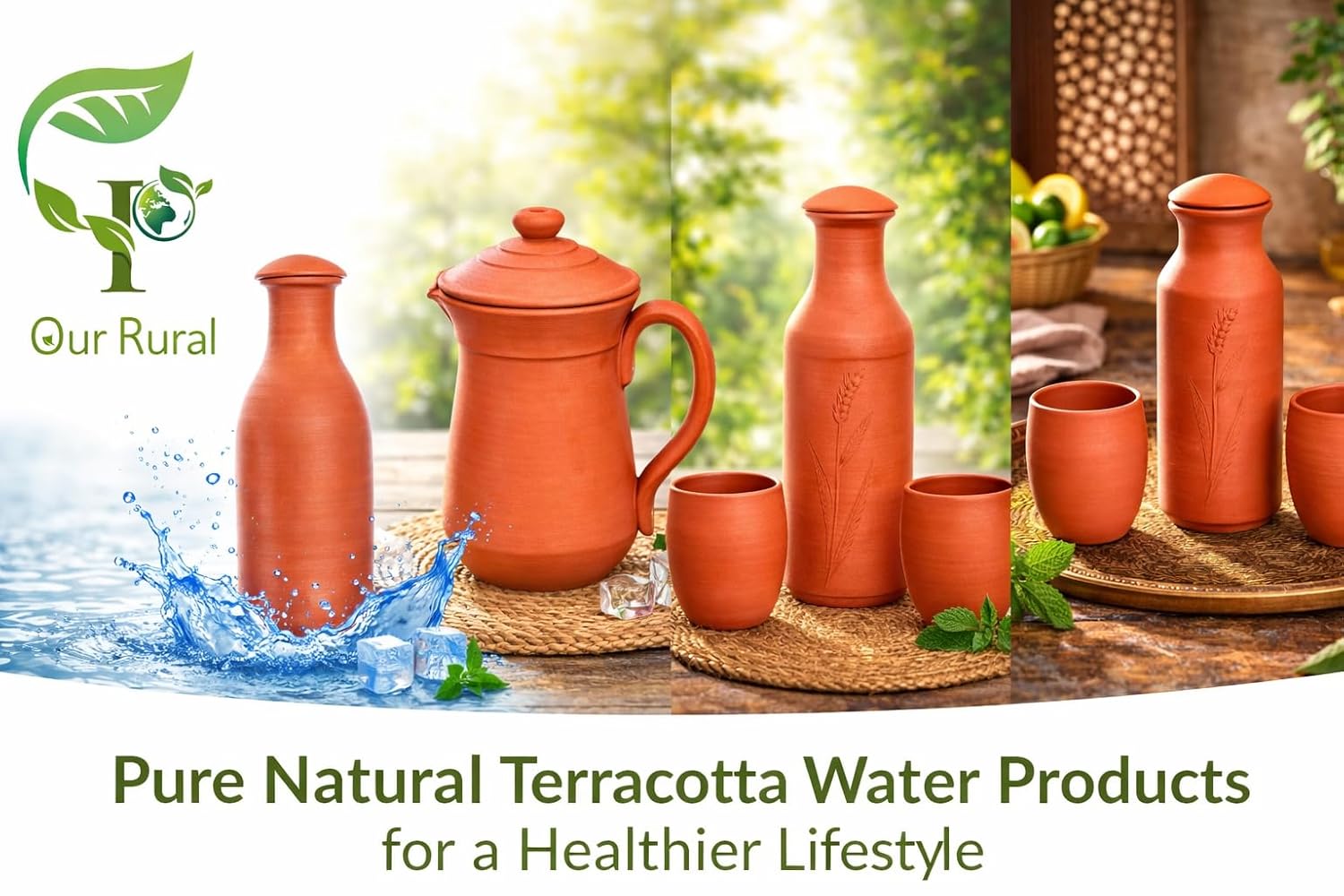 Our Earthen Water Pot with Glass & Bottom Tray Water jug mud Pot 1500 Clay jug 1500 ML
