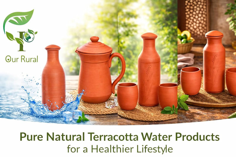 Our Earthen Water Pot with Glass & Bottom Tray Water jug mud Pot 1500 Clay jug 1500 ML