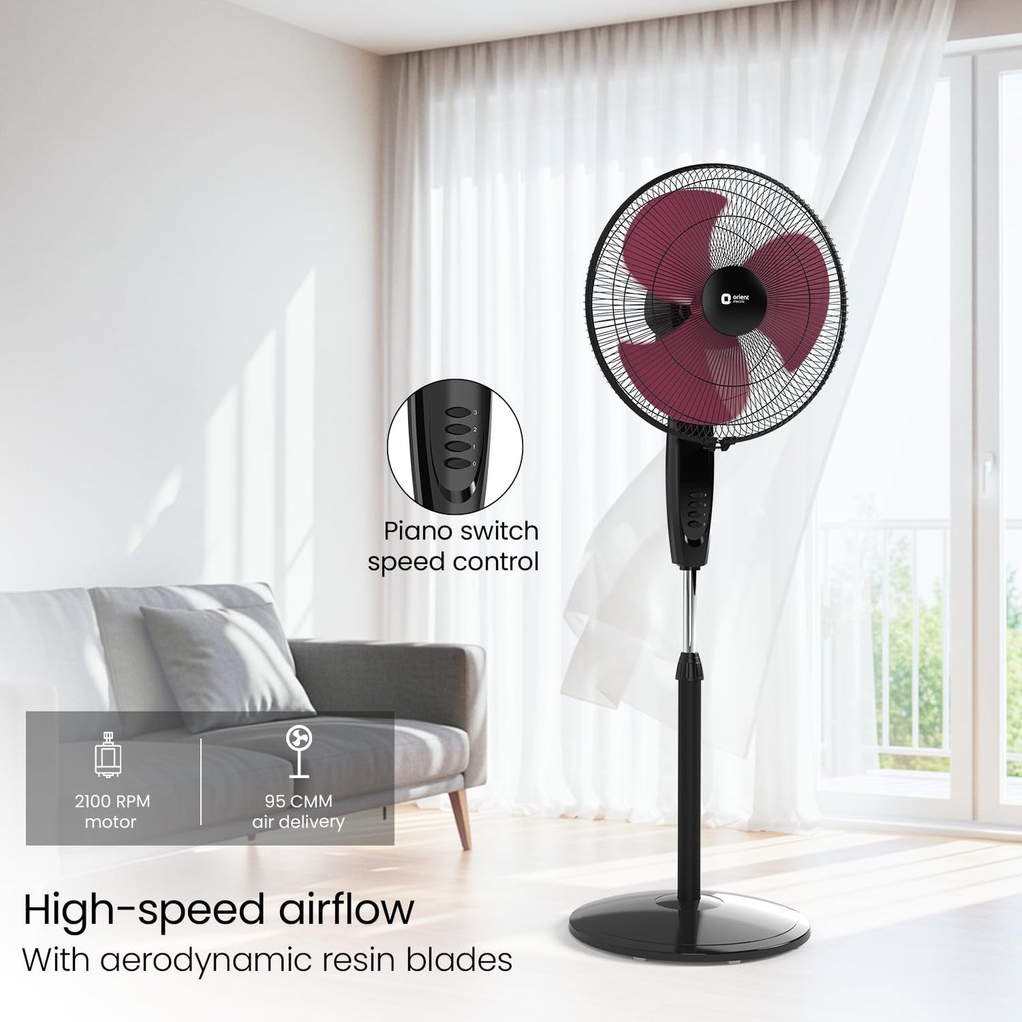 Orient Electric Stand 87 Pedestal Fan | High Speed 2100 RPM 95 CMM | 100% Copper Motor | 90 Degree Oscillation and Tilt | Adjustable Height | 3 Speed | Military Grade Guard| Black & Red