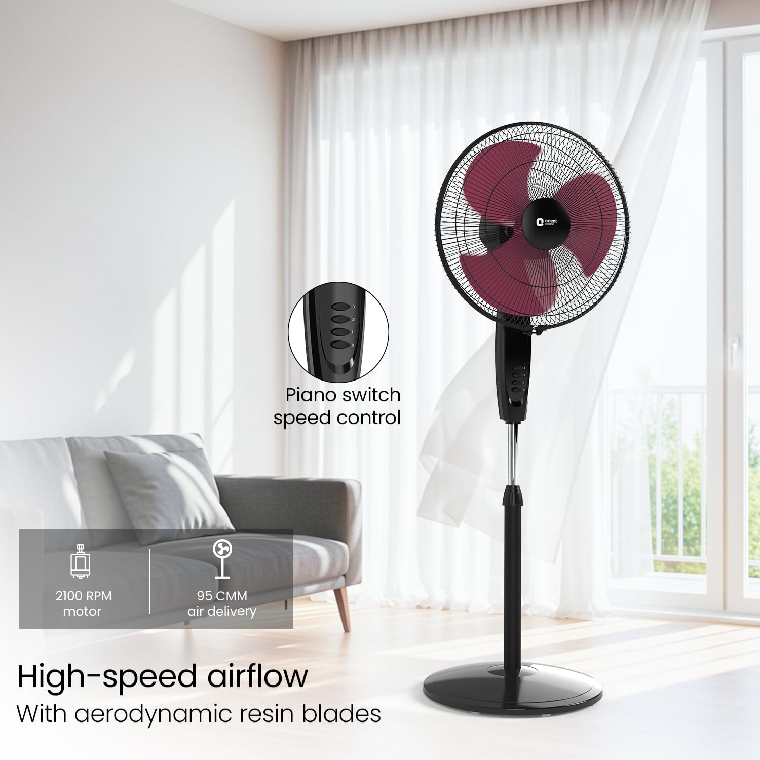 Orient Electric Stand 87 Pedestal Fan | High Speed 2100 RPM 95 CMM | 100% Copper Motor | 90 Degree Oscillation and Tilt | Adjustable Height | 3 Speed | Military Grade Guard| Black & Red