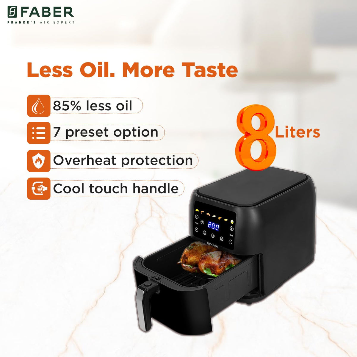 Faber 8 L 1700W Digital Air Fryer | Fry, Bake, Roast | 85% Less Oil, 200°C Swirl Heating Technology | 7-Preset Menu, Tou