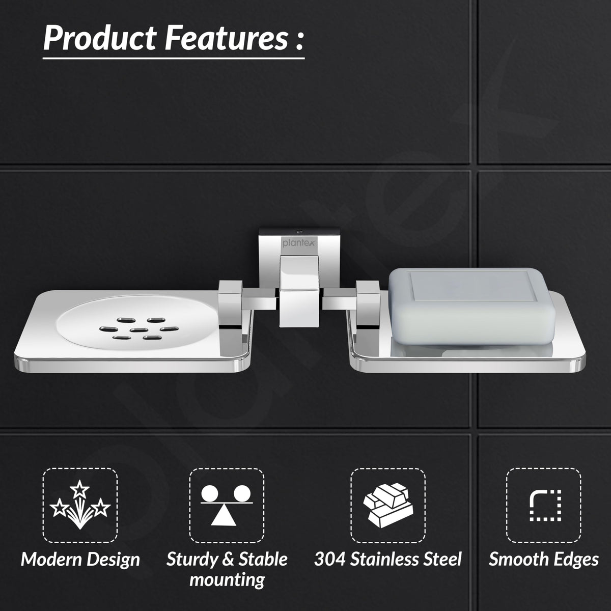 Plantex 304 Grade Stainless Steel Double Soap Holder/Soap Stand/Wall Mounted Items for Bathroom Accessories - Splash (Chrome)-2