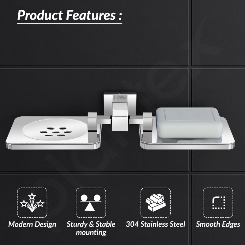 Plantex 304 Grade Stainless Steel Double Soap Holder/Soap Stand/Wall Mounted Items for Bathroom Accessories - Splash (Chrome)-2