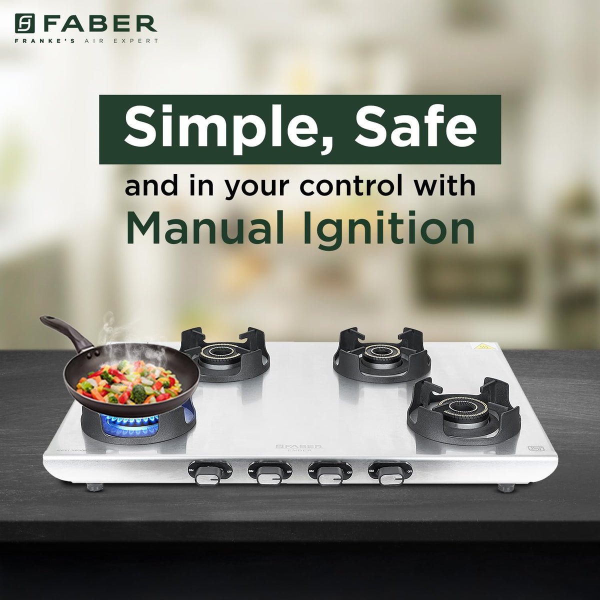 Faber Ember Stainless Steel Cooktop | 4 Brass Burners (Jumbo, 2Medium & Small |Manual Ignition | Diamond-Coated Pan Supp