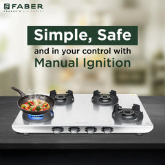 Faber Ember Stainless Steel Cooktop | 4 Brass Burners (Jumbo, 2Medium & Small |Manual Ignition | Diamond-Coated Pan Supp
