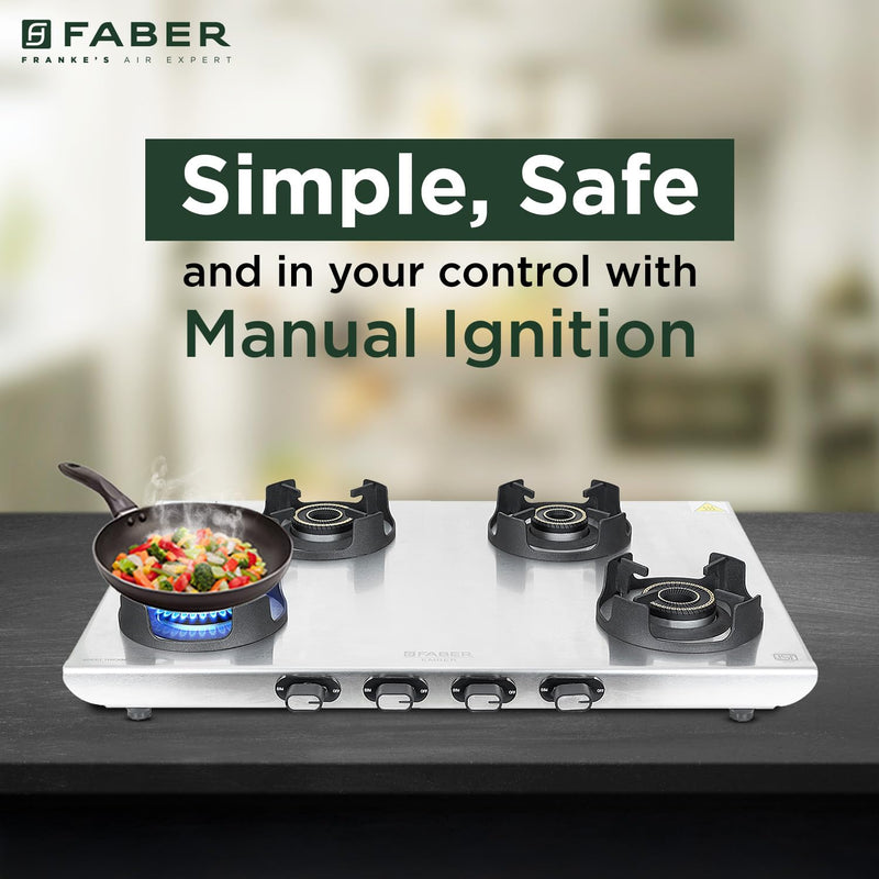 Faber Ember Stainless Steel Cooktop | 4 Brass Burners (Jumbo, 2Medium & Small |Manual Ignition | Diamond-Coated Pan Supp