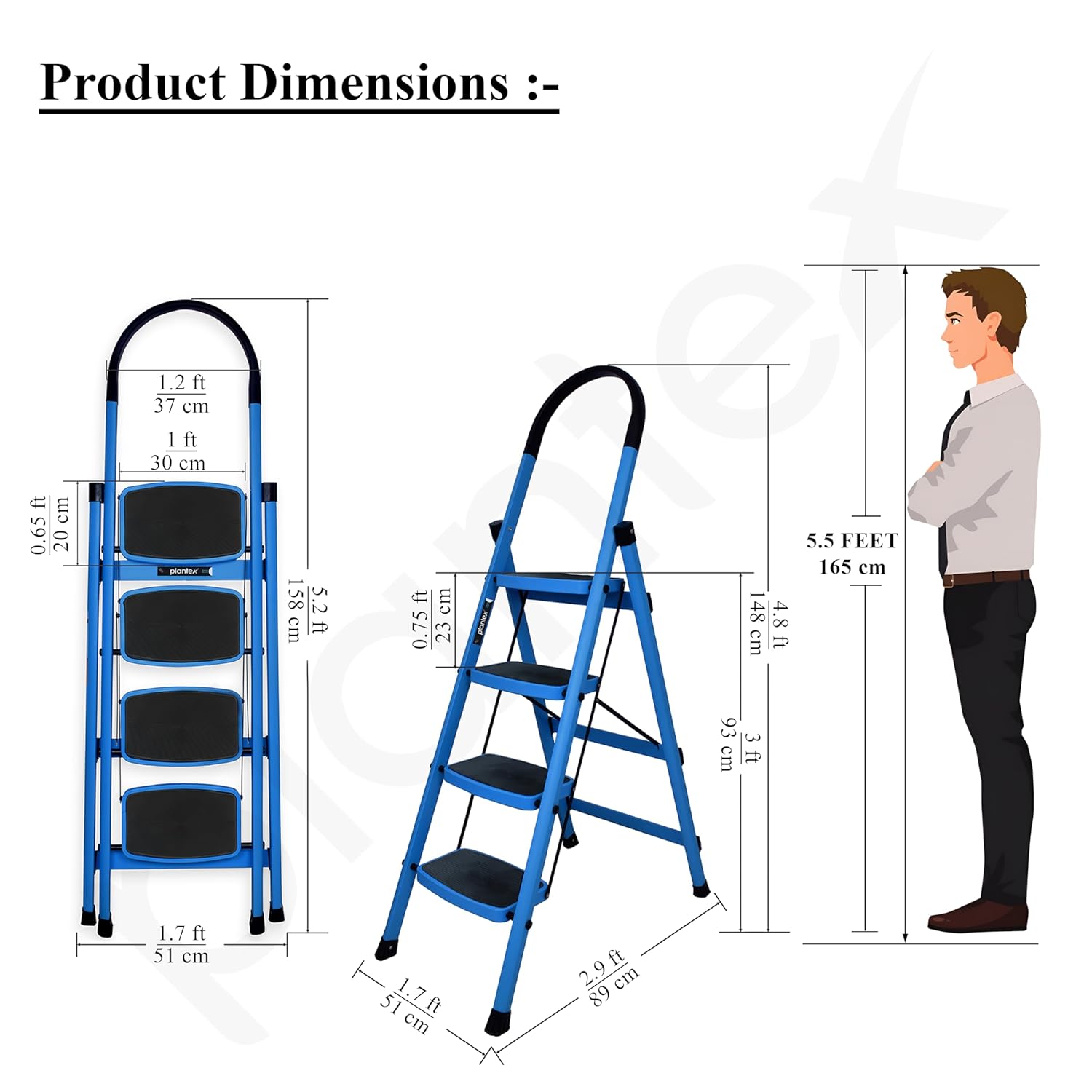 Plantex Premium 4 Step Steel Ladder/Ladder for Home/Wide Anti-Skid Wide Step Ladder/Capacity Upto 150 Kg (Blue & Black)