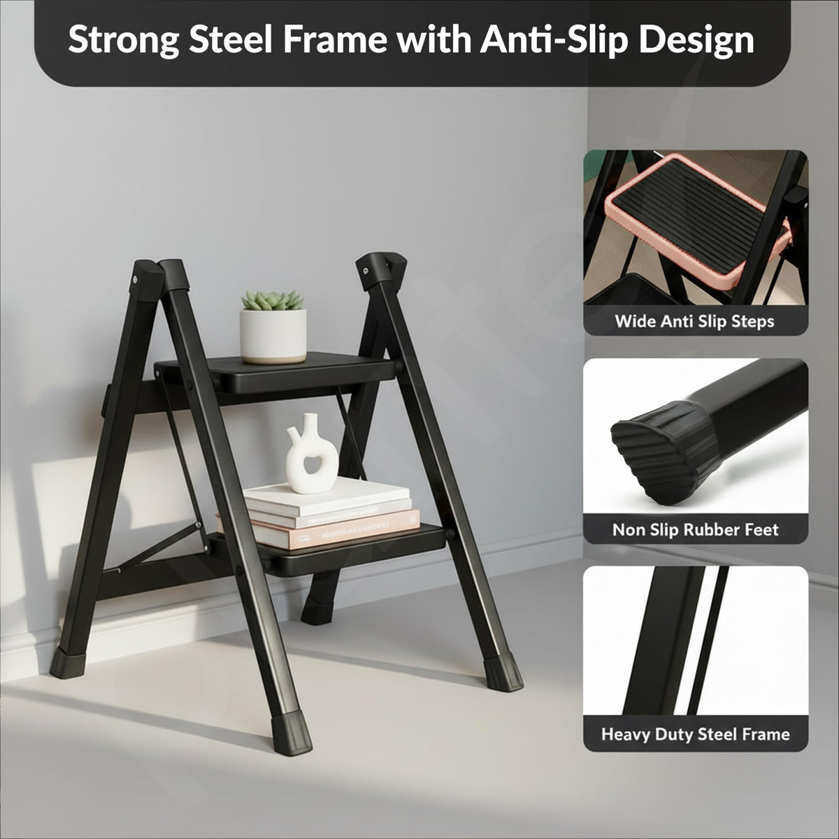 Plantex Ladder for Home/GI Steel Foldable 2 Step Ladder/Wide Anti Slip 2 Step Ladder - (Black)
