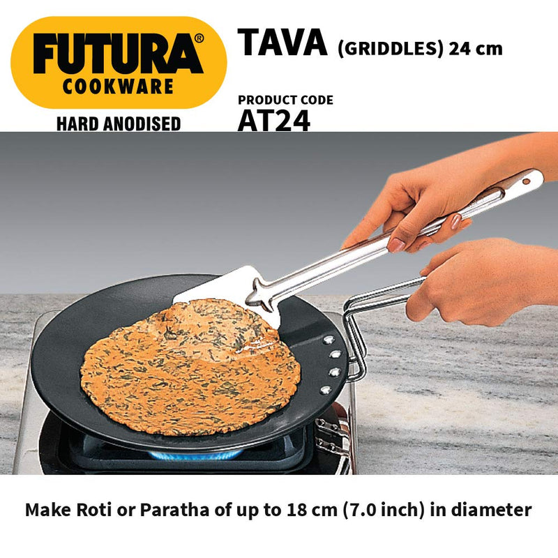 Hawkins Futura 24 cm Tava, Hard Anodised Tawa with Stainless Steel Handle, Black (AT24)