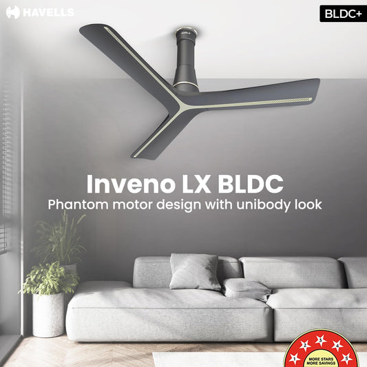 Havells Inveno LX 1200 mm BLDC Ceiling Fan|ABS Aerodyanamic Blades|Telescopic Canopy|Timer, Breeze,Sleep,MOP Modes|Reverse Feature|100% Copper Wire Motor|Free Installation|2 Year Warranty(Matt Slate)