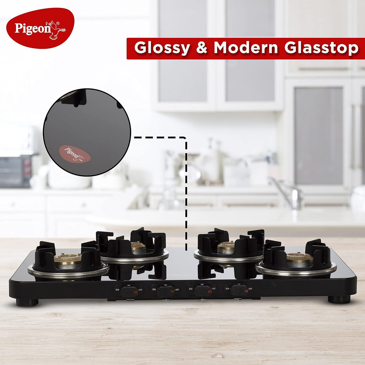 Pigeon by Stovekraft Sleek 4 Burner Ultra Slim Gas Stove with Glass Top, Tempered Glass, Manual, Black