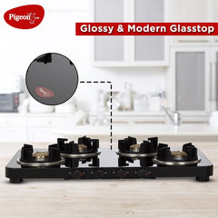Pigeon by Stovekraft Sleek 4 Burner Ultra Slim Gas Stove with Glass Top, Tempered Glass, Manual, Black