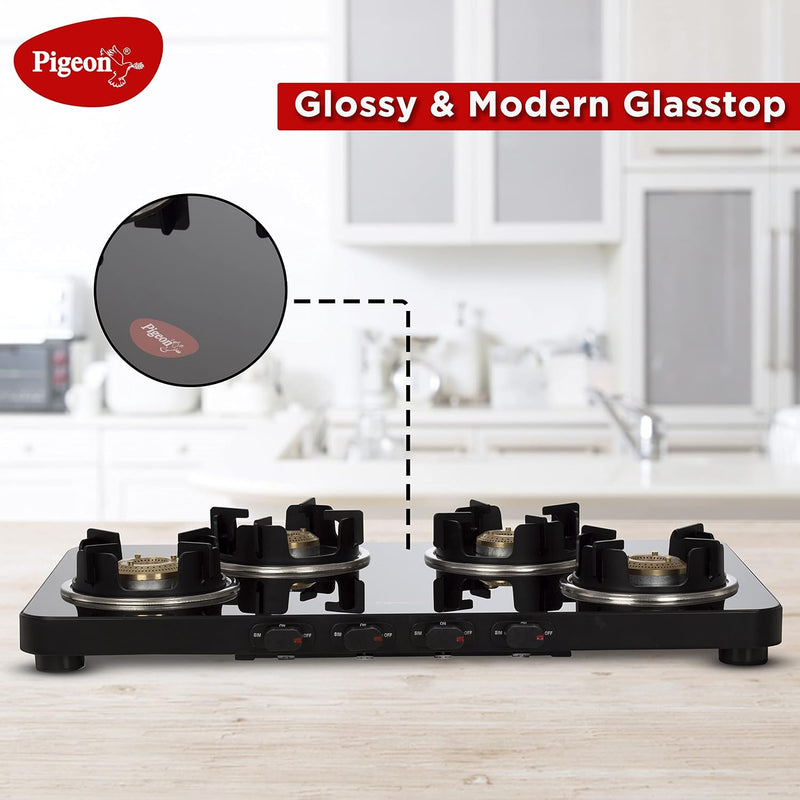 Pigeon by Stovekraft Sleek 4 Burner Ultra Slim Gas Stove with Glass Top, Tempered Glass, Manual, Black