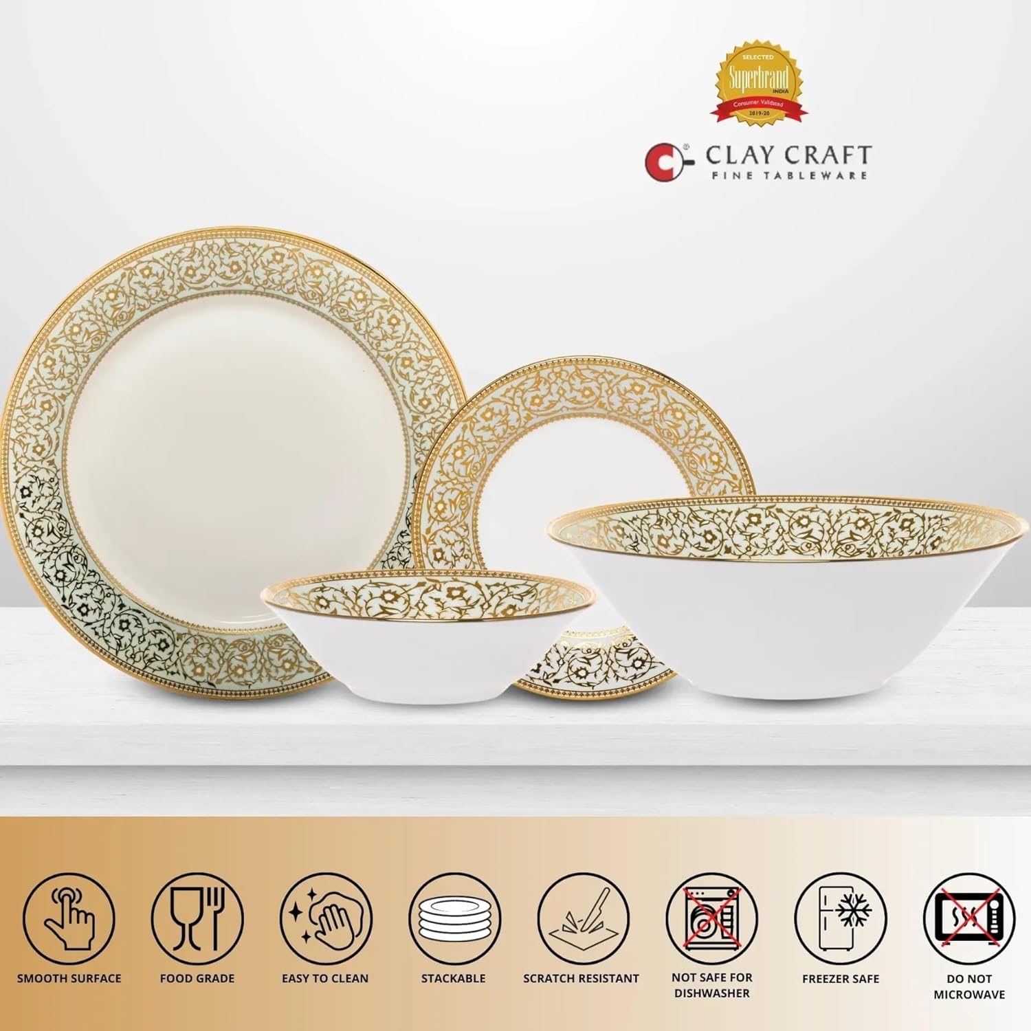 Clay Craft Fine Ceramic Ebony Dinner Set, Enchanting Gold, for Family of 4, Dinner Set Ceramic, Crockery Set, Dining Set for Dinner, Crockery Set for Gift, Kitchen Set (13 Pieces, E647)