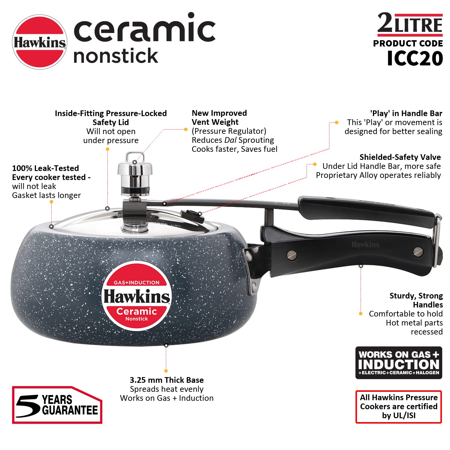 Hawkins 2 Litre Ceramic Nonstick Pressure Cooker, Induction Inner Lid Cooker, Granite Contura shaped Cooker, Blue (ICC20)