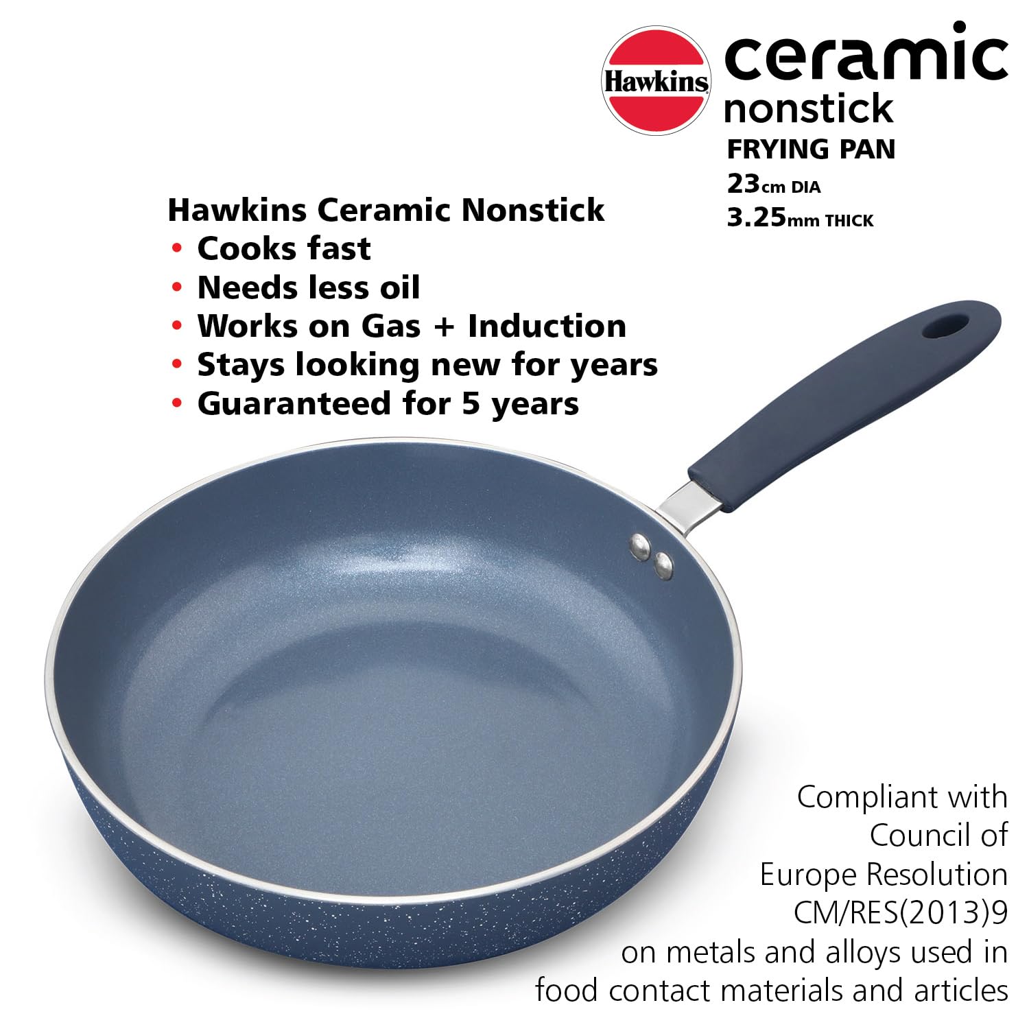 Hawkins Ceramic Nonstick Frying Pan, 23 cm Diameter, Induction Fry Pan, Granite Omlette Egg Pan, Fish Pan, Blue (ICF23)