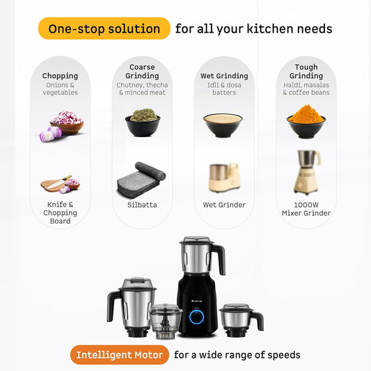 Atomberg Yulia 750 Watt Mixer Grinder | 4 Multipurpose Jars including Chopper Jar | Coarse Mode for Silbatta-like Textures | Powerful Intelligent Motor | Advanced Safety Features | Gloss Black