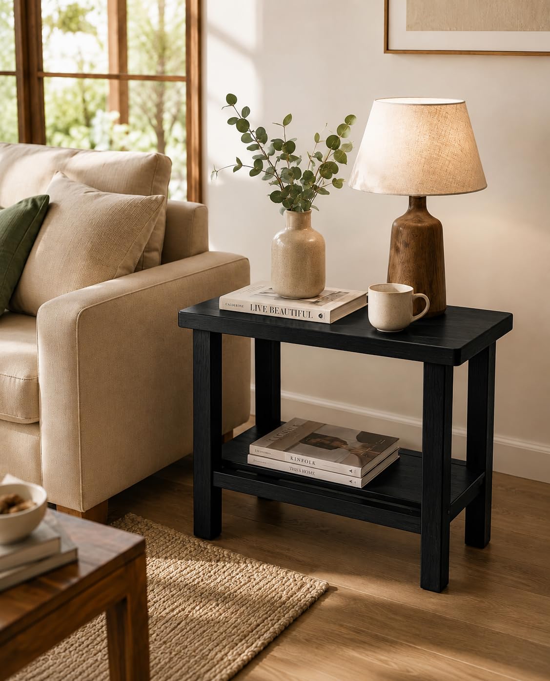 Solid Sheesham Wood C Shape Side Table for Living Room | Modern Sofa End Table | Wooden Laptop Table for Bed | 
