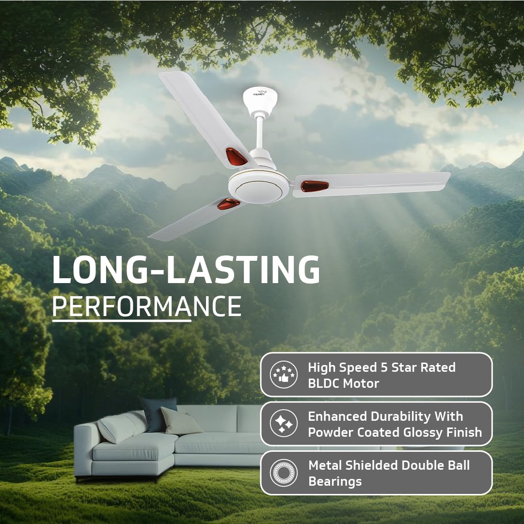 V-Guard Windle Deco BLDC Ceiling Fan for Home | BEE 5 Star Rating | Remote Control | 380 RPM | 1.2 meters | 2-Year Coverage | White