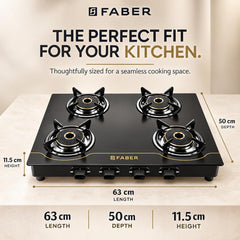 Faber 4 Burner 69cm Cooktop| 2 Jumbo + 1 Medium + 1 small Brass Burners| Designer Matt Black Glass Finish|ABS Knobs|5 Yr