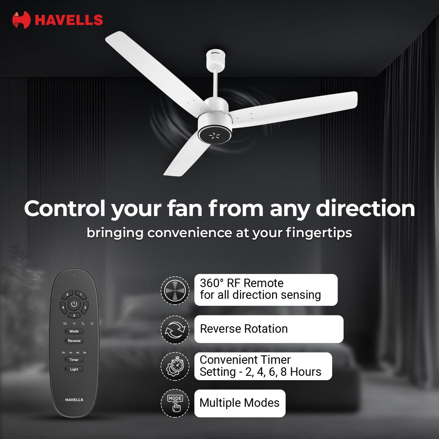 Havells FAB BLDC ULED Ceiling Fan 1200mm, 5 star, LED Speed Indicator, 380 RPM, Up to 65% Savings, Reverse Rotation,4 Speed Modes, Low Wattage 30W, Low Noise, Air Flow:225 CMM, 3 Year Warranty, White