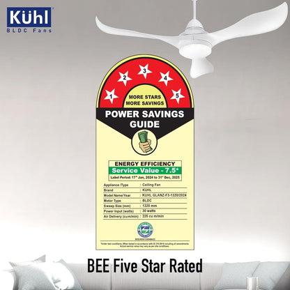 KUHL Glanz F3 1320MM 65% Power Saving BLDC Ceiling Fan | BEE 5 Star Rated & ISI Marked | High Air Flow | 5Year Warranty on Motor By Brand | Free Installation | IoT Operate via Mobile & Alexa | White