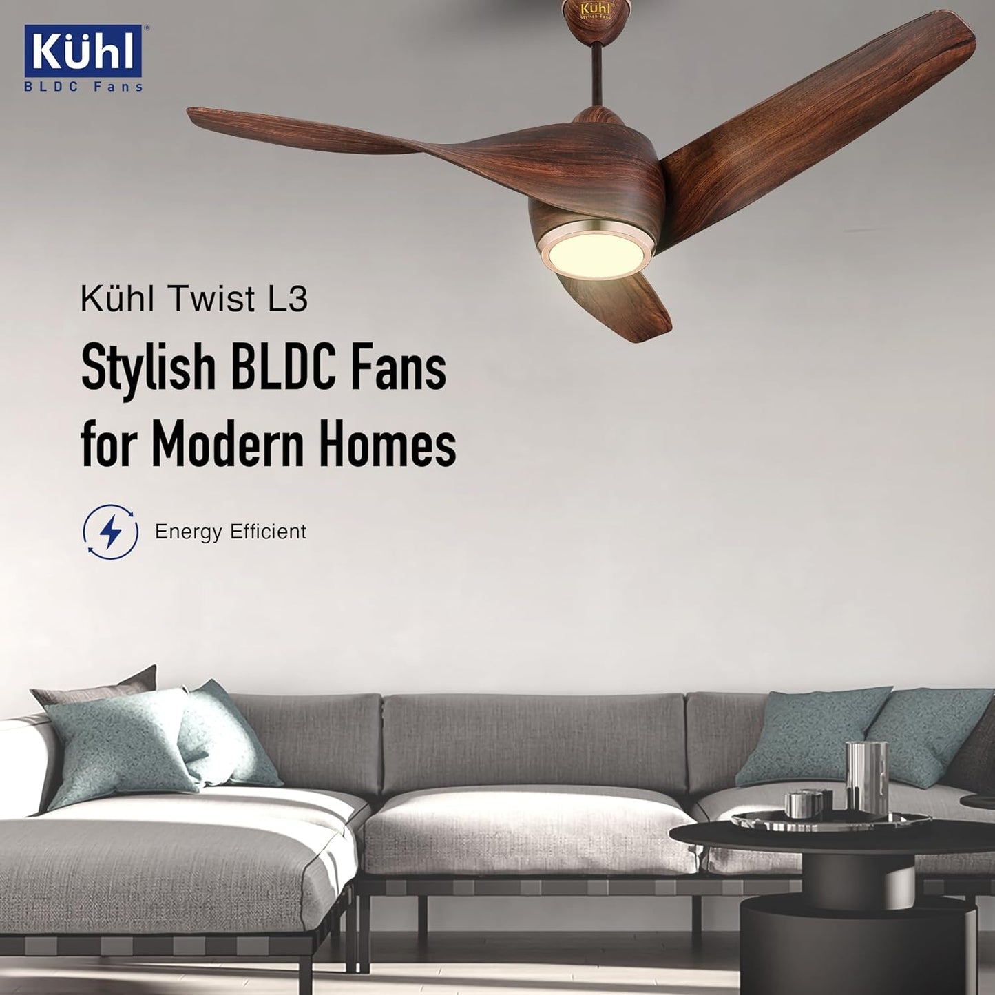 KUHL Twist L3 1320 mm 65% Power Saving BLDC Ceiling Fan | BEE 5 Star Rated & ISI Marked | High Air Flow |5YearWarranty on Motor By Brand |Free Installation | IoT – Operate via Mobile & Alexa | Teak
