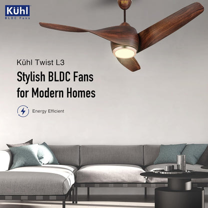 KUHL Twist L3 1320 mm 65% Power Saving BLDC Ceiling Fan | BEE 5 Star Rated & ISI Marked | High Air Flow |5YearWarranty on Motor By Brand |Free Installation | IoT – Operate via Mobile & Alexa | Teak