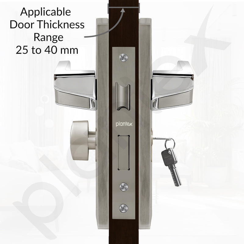 Plantex Heavy-Duty Door Lock/Door Handle Set with 3 Years of Warranty/Mortise Lock with 3 Keys, Brass Lockbody & Cylinder (8133 - Satin Steel & Chrome)-4