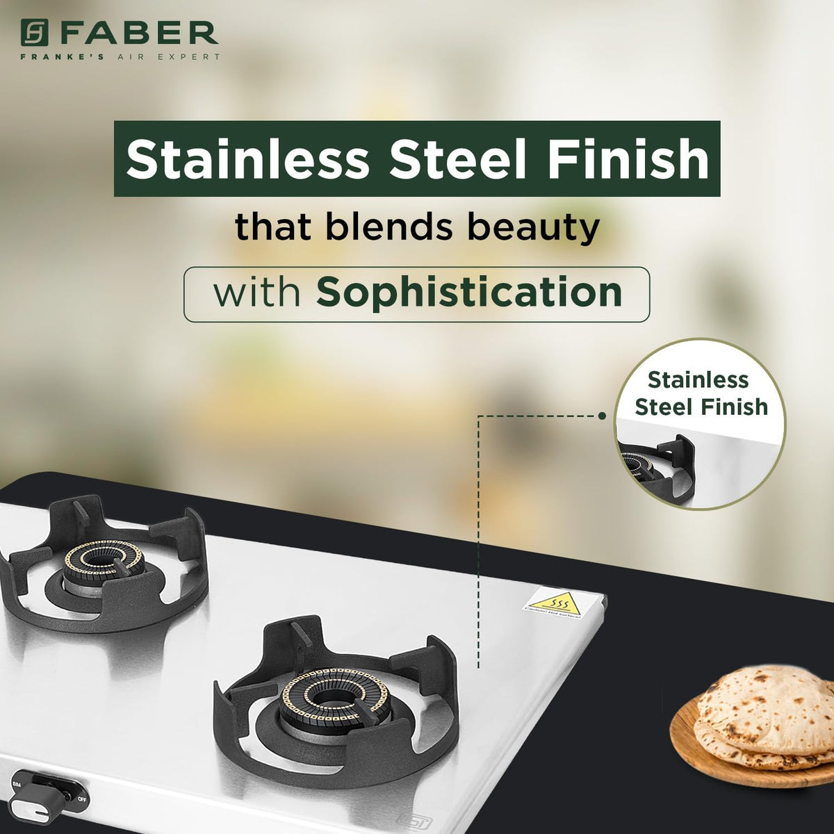 Faber Ember Stainless Steel Cooktop | 3 Brass Burners (Jumbo, Medium & Small |Manual Ignition | Diamond-Coated Pan Suppo